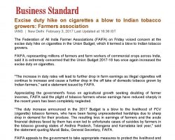 Excise duty hike on cigarettes a blow to Indian tobacco growers- Farmers association [Business Standard]_03022017