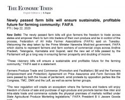 Newly passed farm bills will ensure sustainable, profitable future for farming community - FAIFA [The Economic Times]_22092020