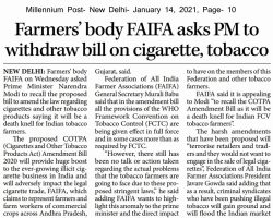 Farmers body FAIFA asks PM to withdraw bill on cigarette, tobacco [Millennium Post]_14012021