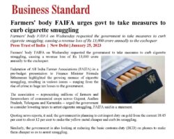 Farmers' body FAIFA urges govt to take measures to curb cigarette smuggling [Business Standard]_25012023